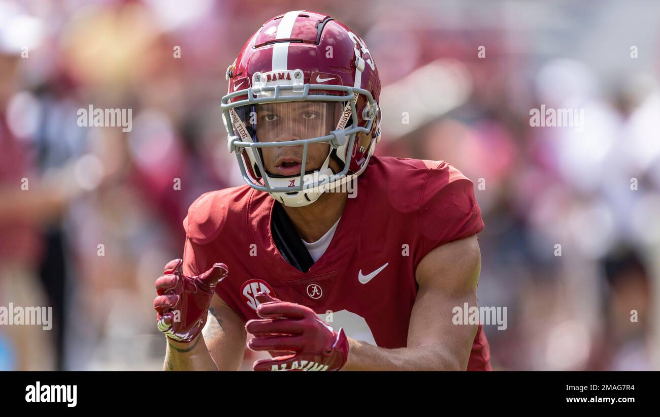 Alabama wide receiver Jermaine Burton (3) during warmups before an NCAA ...