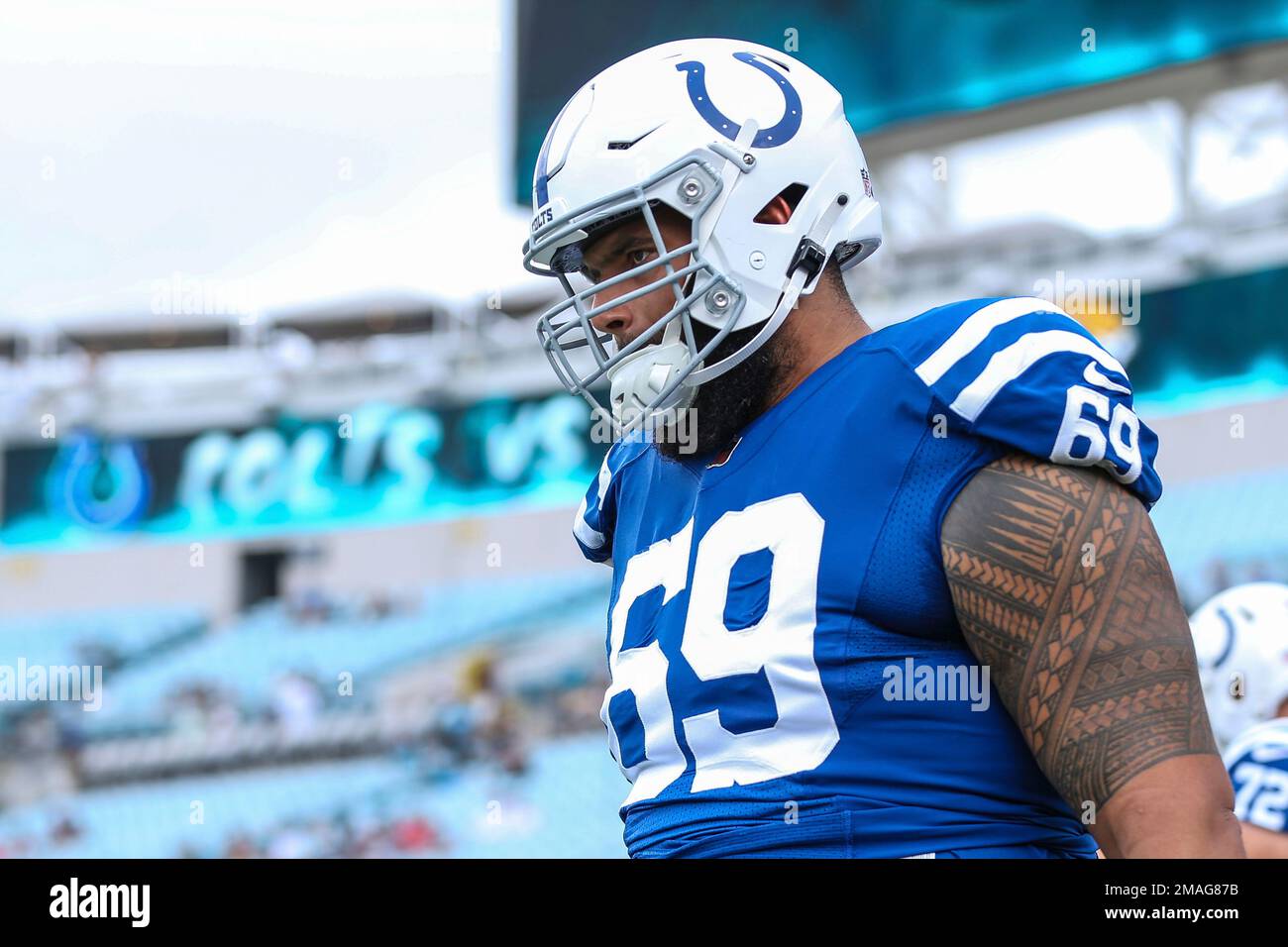 Indianapolis Colts offensive tackle Matt Pryor (69) walks onto the field  for an NFL football game against the Jacksonville Jaguars, Sunday, Sept. 18,  2022, in Jacksonville, Fla. (AP Photo/Gary McCullough Stock Photo - Alamy