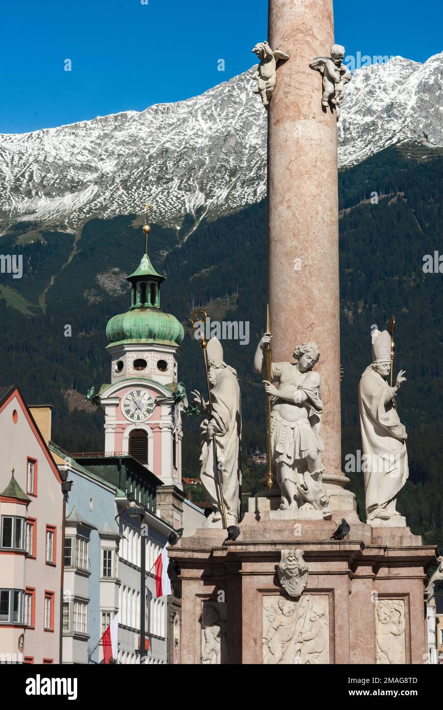Innsbruck city center, view of a range of Tyrolean Baroque architecture sited in Maria Theresien Strasse in the historic center of Innsbruck, Austria Stock Photo
