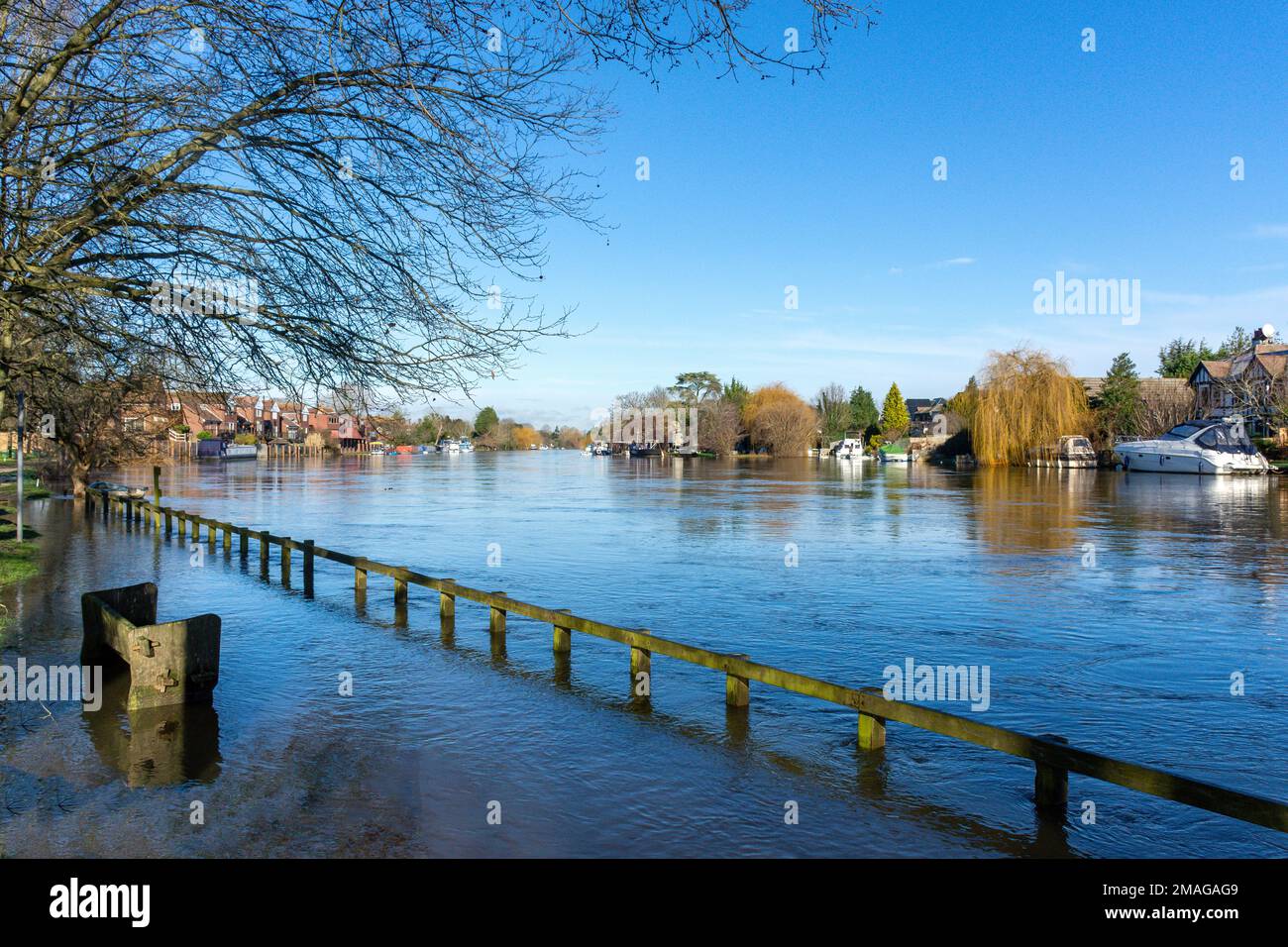 Flooding on River Thames on Thames Path, Old Windsor, Berkshire, England, United Kingdom Stock Photo