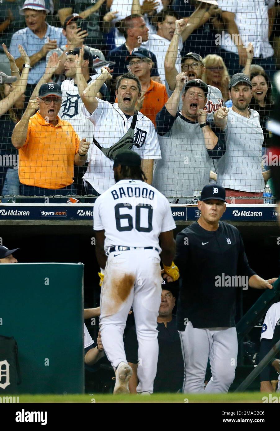 Detroit Tigers fans cheer after Detroit Tigers' Akil Baddoo (60) scored  against the Chicago White Sox from second base during the eighth inning of  a baseball game Saturday, Sept. 17, 2022, in