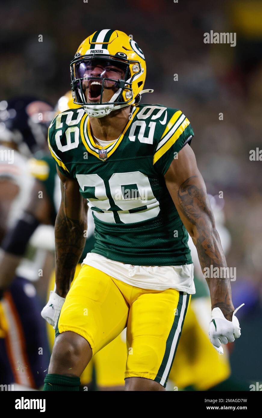 Green Bay Packers cornerback Rasul Douglas (29) reacts after a stop against  the Chicago Bears during an NFL game Sunday, Sept. 18, 2022, in Green Bay,  Wis. (AP Photo/Jeffrey Phelps Stock Photo - Alamy