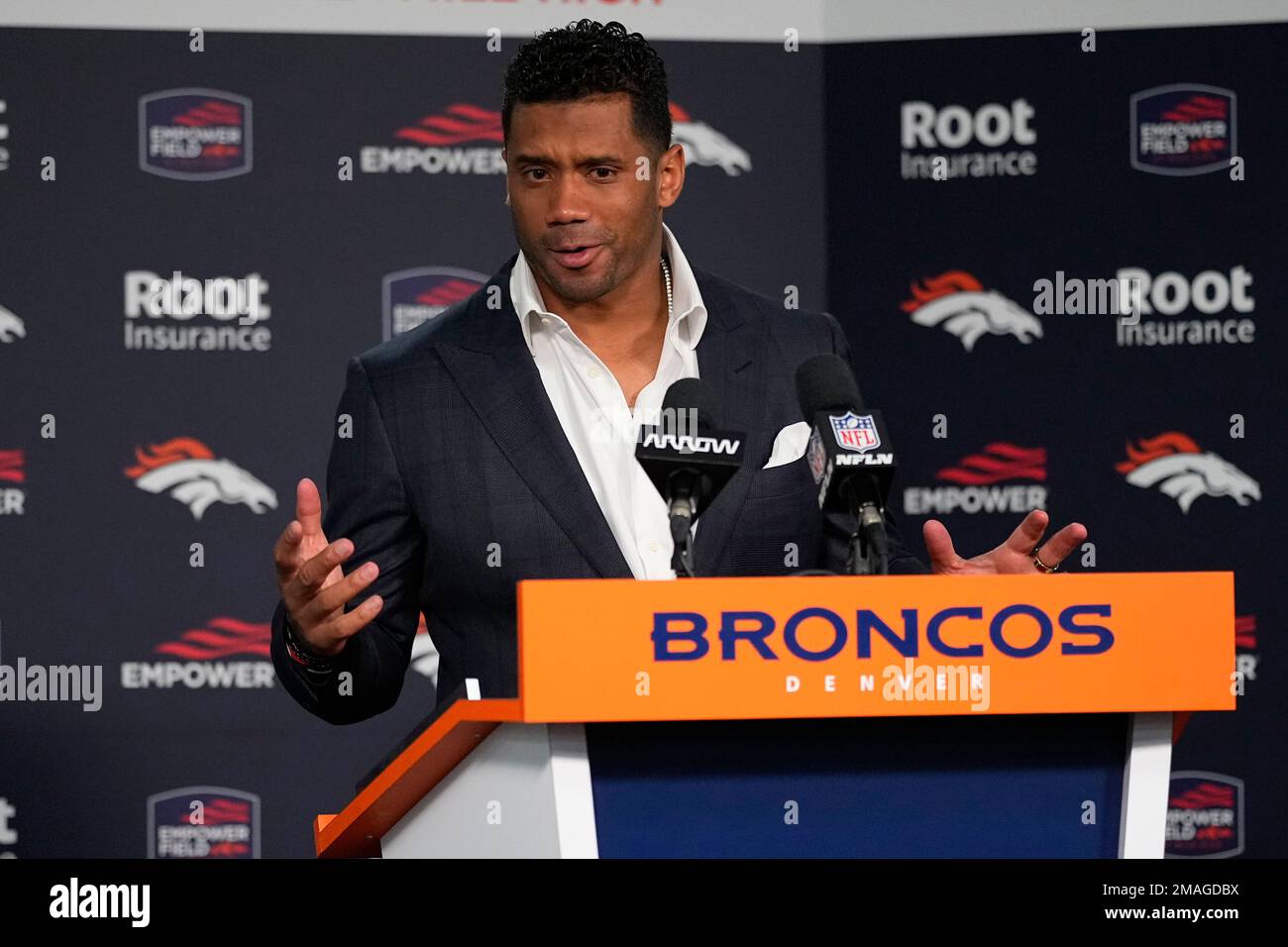 Denver Broncos quarterback Russell Wilson speaks after an NFL football ...