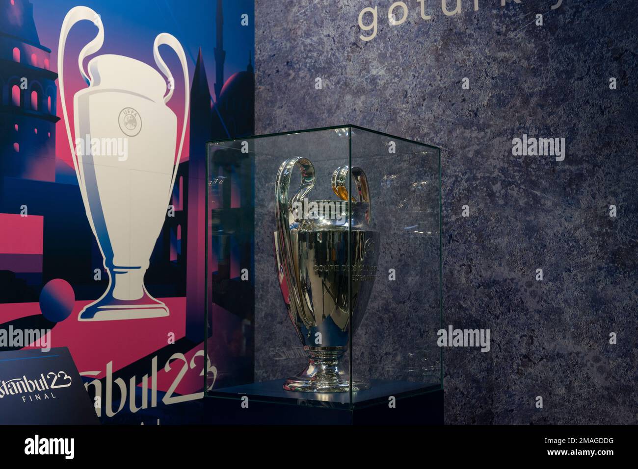 Madrid, Spain. 19th Jan, 2023. Trophy for the 2023 UEFA Champions League  final to be played in Turkish city displayed in the Turkish stand in FITUR  Tourism Fair 2023 at Ifema on