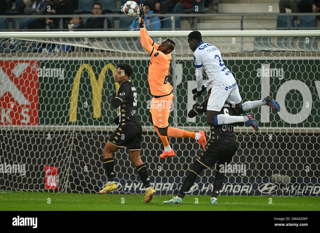 Charleroi's Mehdi Boukamir and Uta Arad's Adrian Mar pictured during a  friendly soccer game between Belgian Sporting Charleroi and Romanian FC UTA  Arad, at their winter training camps in Antalya, Turkey, Sunday