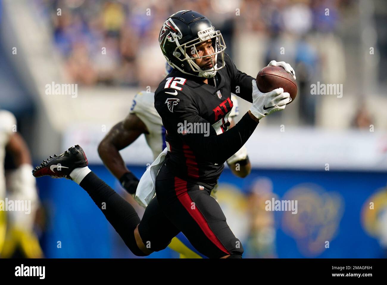 Atlanta Falcons wide receiver KhaDarel Hodge hauls in a catch during the  second half of an NFL football game against the Los Angeles Rams, Sunday,  Sept. 18, 2022, in Inglewood, Calif. (AP