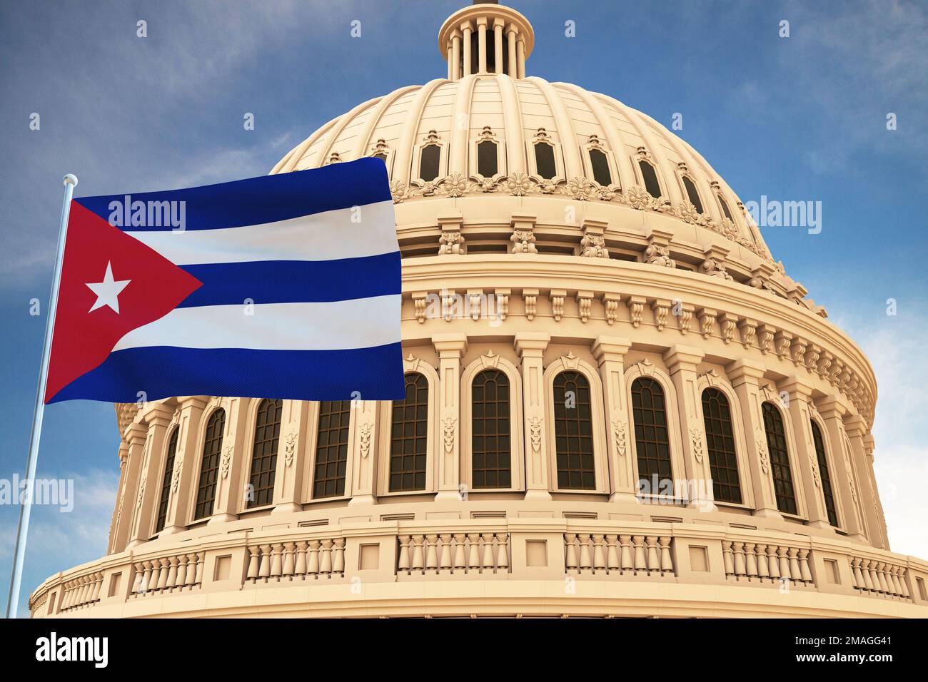 Beautiful flag of Cuba waving with the strong wind and behind it the dome of the Capitol USA 3D RENDER, 3D RENDERING. Stock Photo