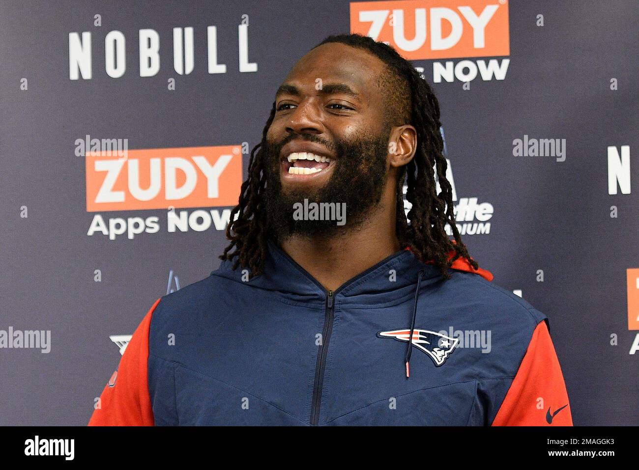 New England Patriots linebacker Matthew Judon meets with reporters