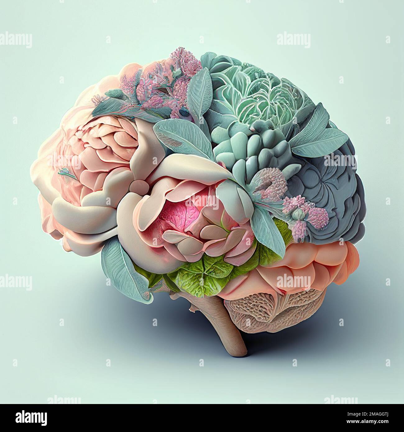 Human brain with flowers, self care and mental health concept, positive