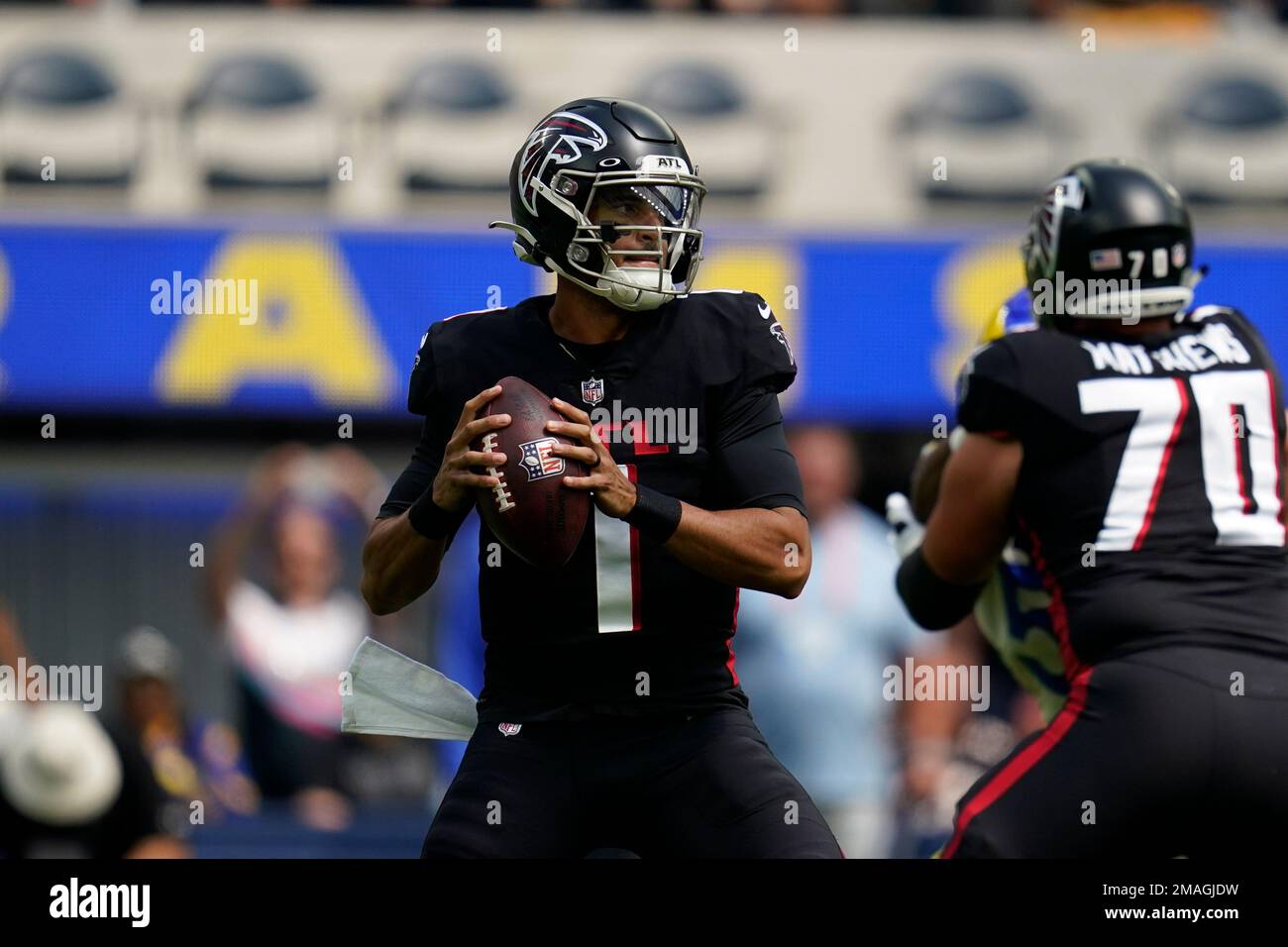 Atlanta Falcons quarterback Marcus Mariota throws a pass during the