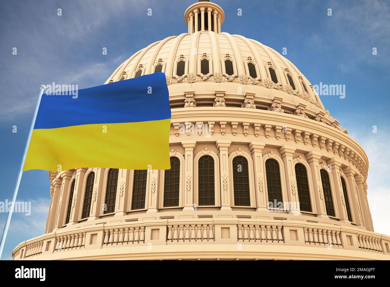 Beautiful flag of Ukraine waving with the strong wind and behind it the dome of the Capitol USA 3D RENDER, 3D RENDERING. Stock Photo