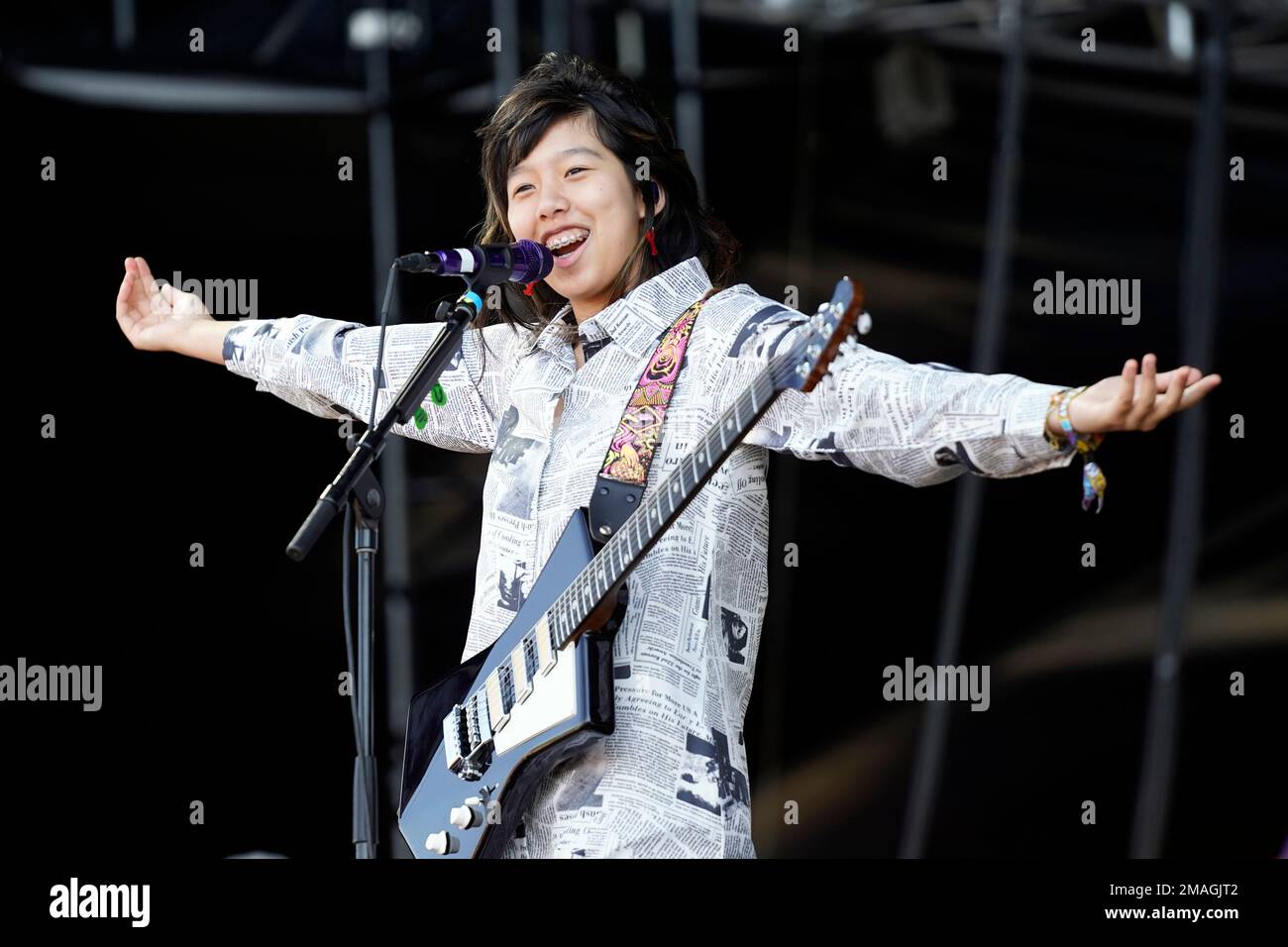 Lucia de la Garza of The Linda Lindas performs on Day 3 of Riot Fest on