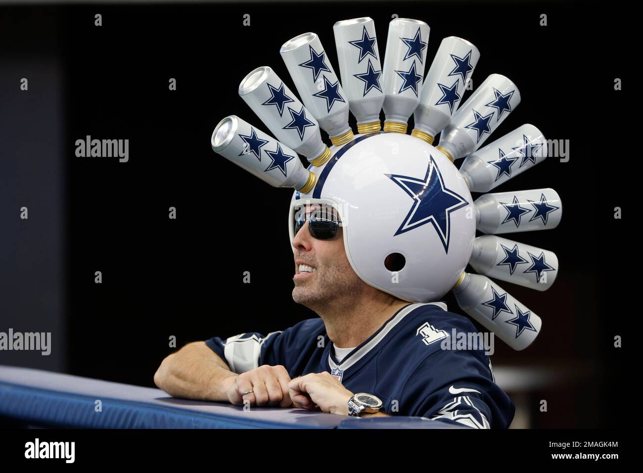 Dallas Cowboys fan, Greg Wilson, of Wreckin Ball Helmets, wears