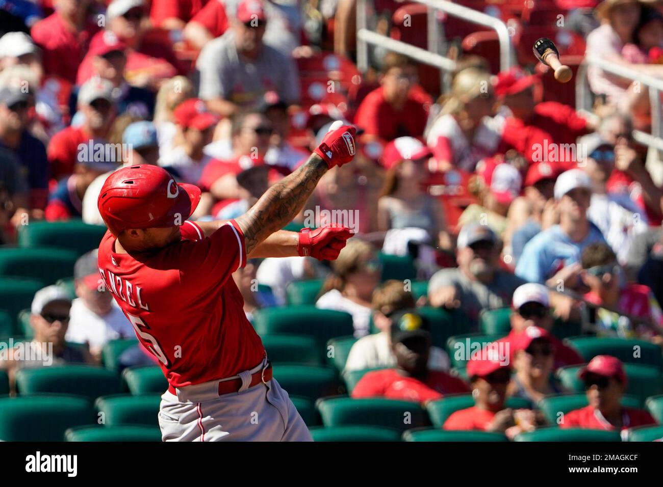 Cincinnati Reds' Nick Senzel has the bat slip out of his hands while