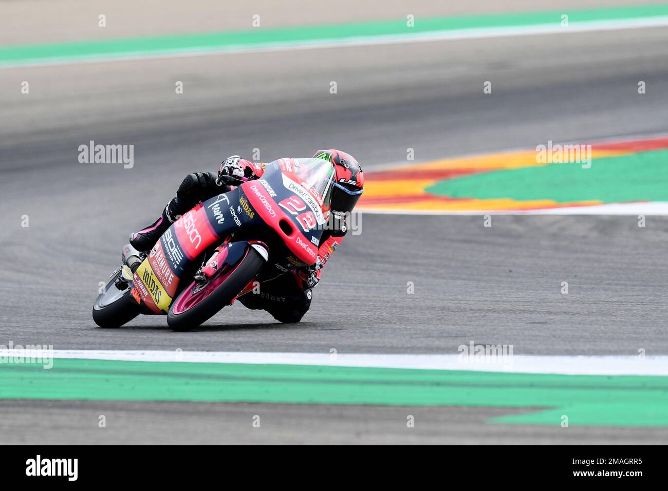 Moto3 rider Ana Carrasco of Spain takes a curve during the Aragon Motorcycle  Grand Prix at the MotorLand Aragon circuit, in Alcaniz, Spain Sunday, Sept.  18, 2022. (AP Photo/Jose Breton Stock Photo -