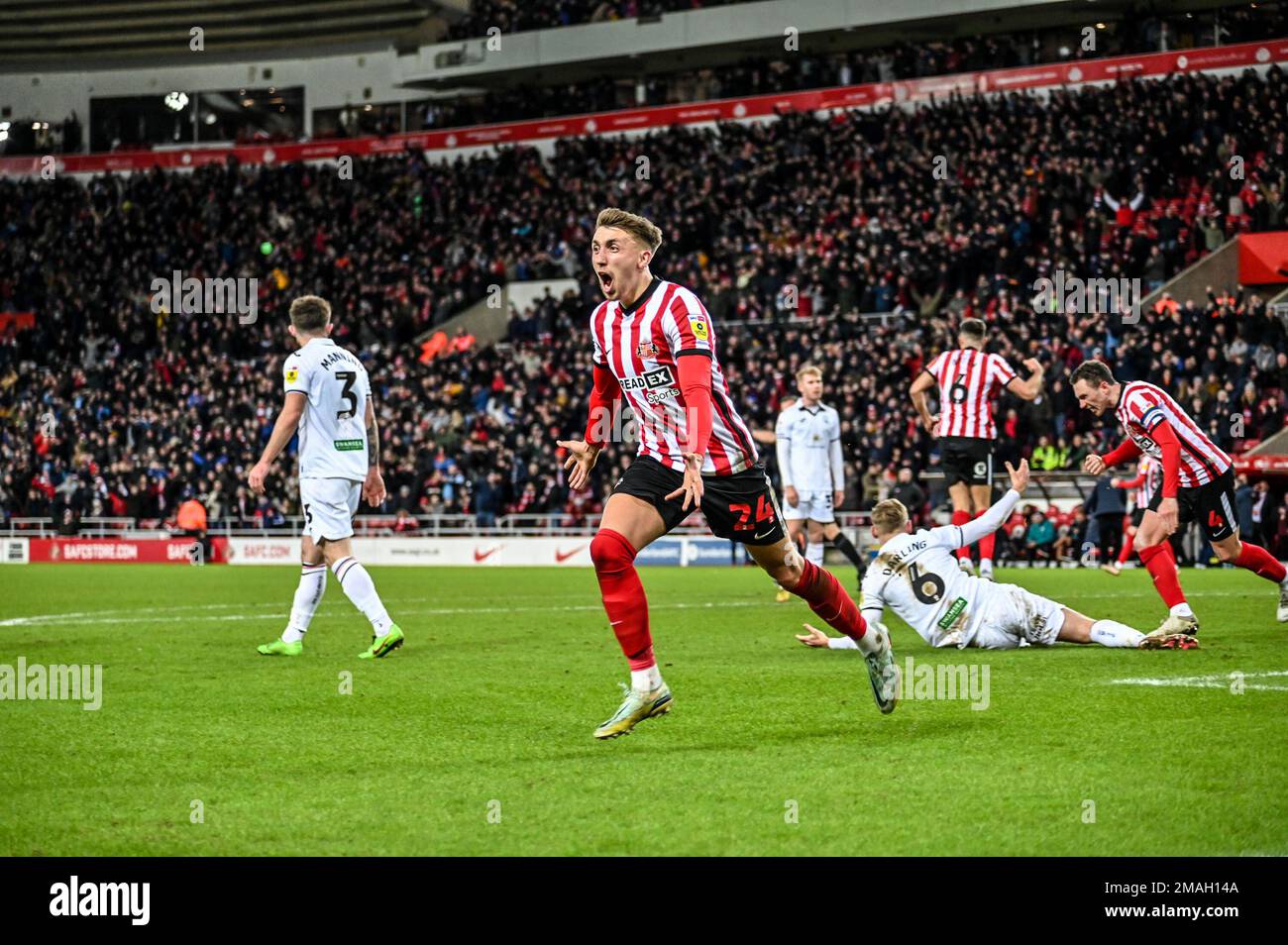 Sunderland AFC midfielder Dan Neil celebrates scoring against Swansea
