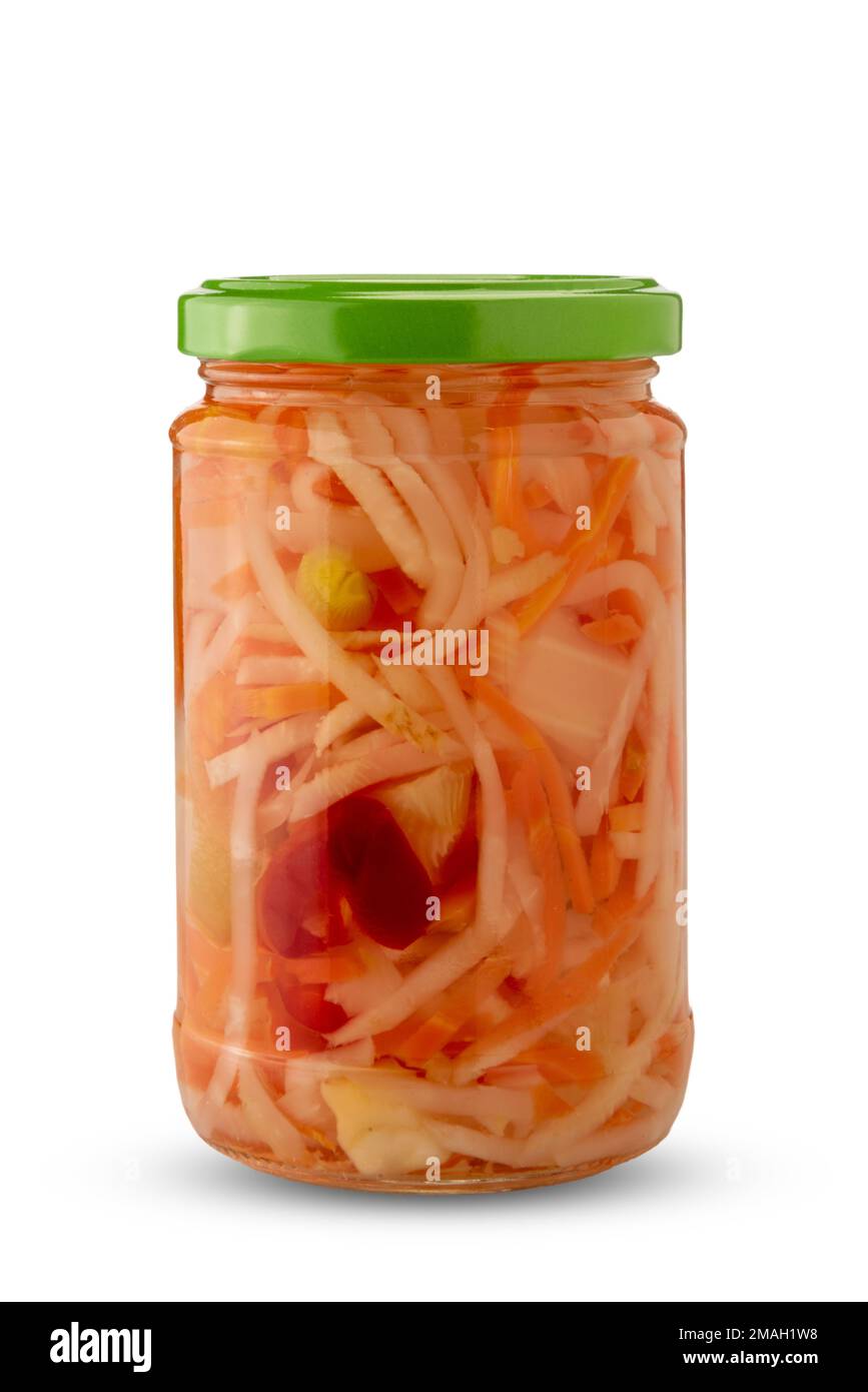 Pickled vegetable salad with white wine vinegar in glass jar isolated