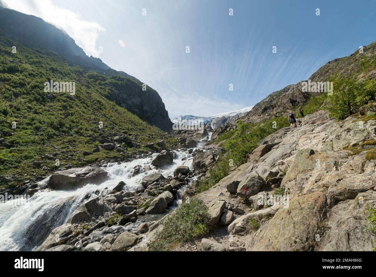 Hiking views on the hiking trail to Buarbreen glacier in Buardalen near Odda,  Norway in a sunny summer day. Some hikers in the photo Stock Photo - Alamy