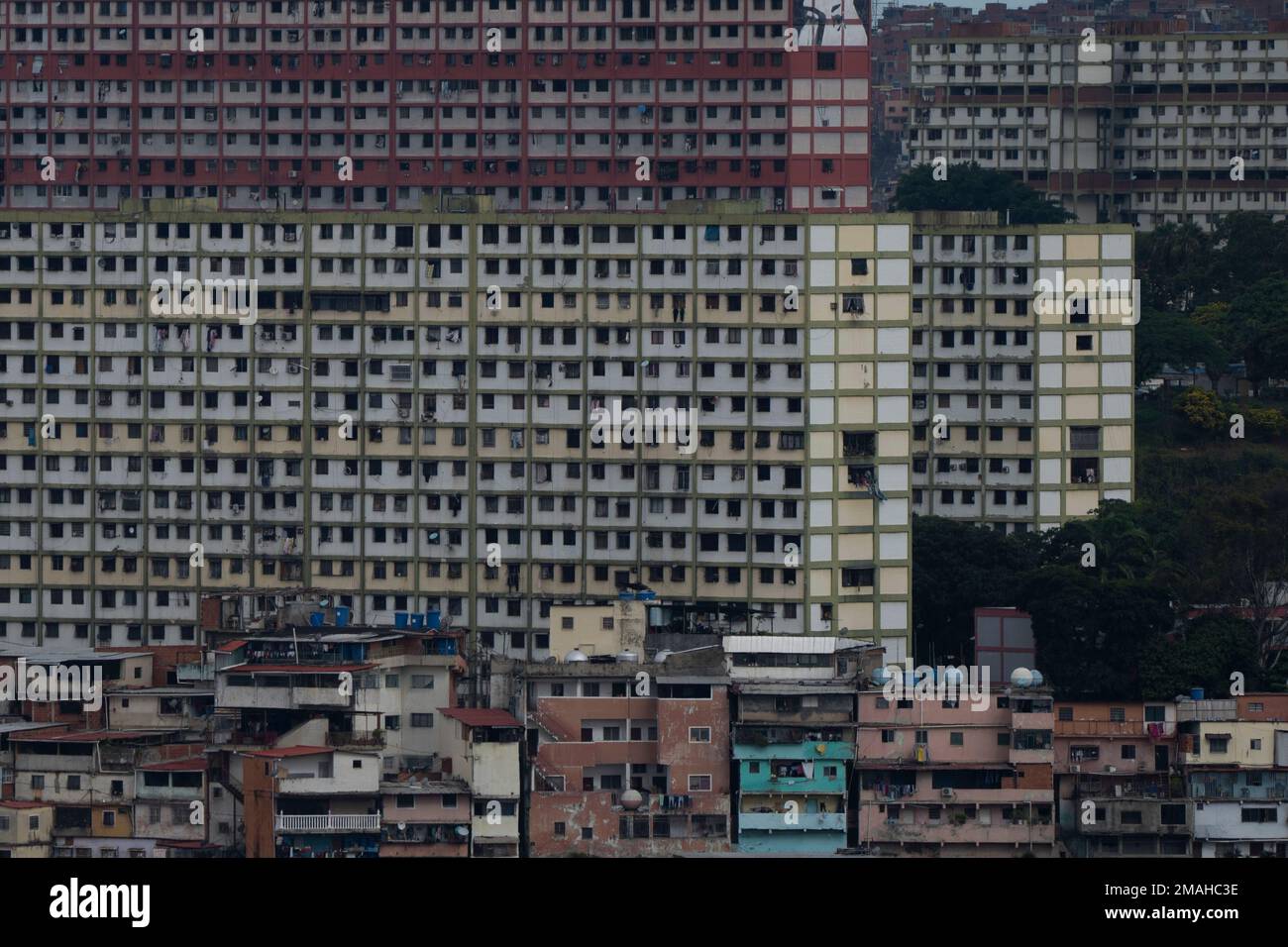 Apartment buildings known as the Blocks of 23 stand in the 23 de Enero