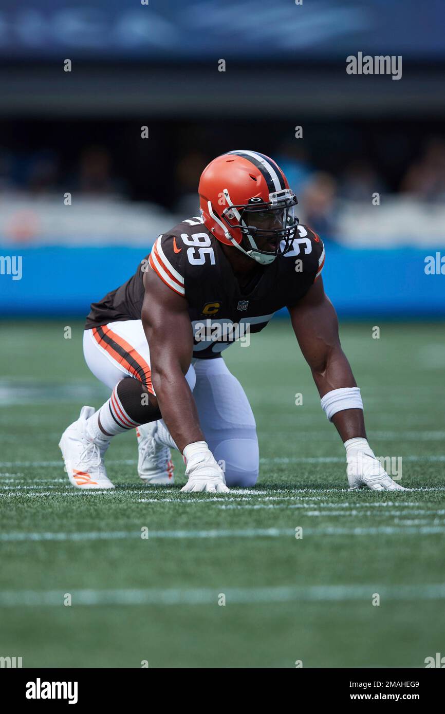 Cleveland Browns defensive end Myles Garrett (95) on defense during an NFL  football game against the Carolina Panthers, Sunday, Sep. 11, 2022, in  Charlotte, N.C. (AP Photo/Brian Westerholt Stock Photo - Alamy