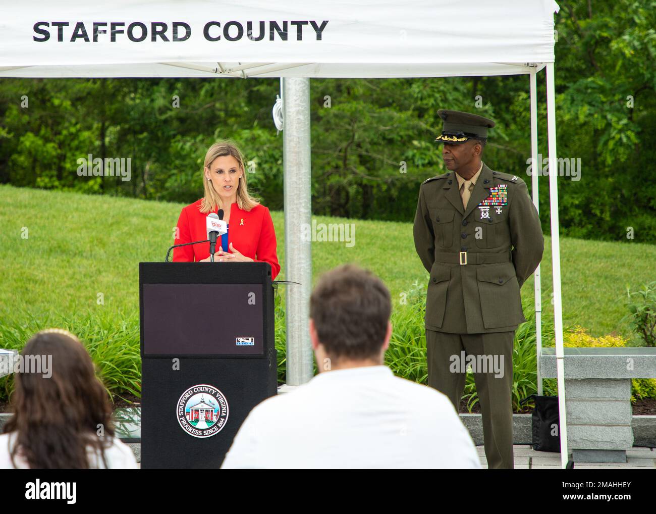 Stafford County Board of Supervisors, Chairman Crystal Vanuch, gives opening remarks during the Stafford County Armed Services Memorial Day ceremony at Stafford, Virginia, May 27, 2022. Memorial Day is a day to honor all the men and women who have made the ultimate sacrifice in service to their country. Stock Photo
