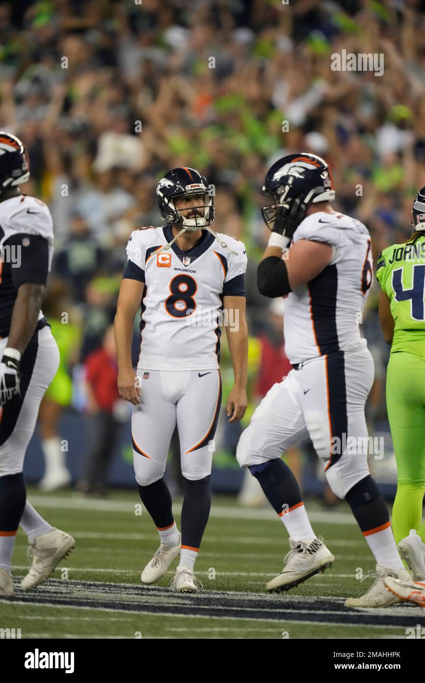 Denver Broncos place kicker Brandon McManus (8) reacts after