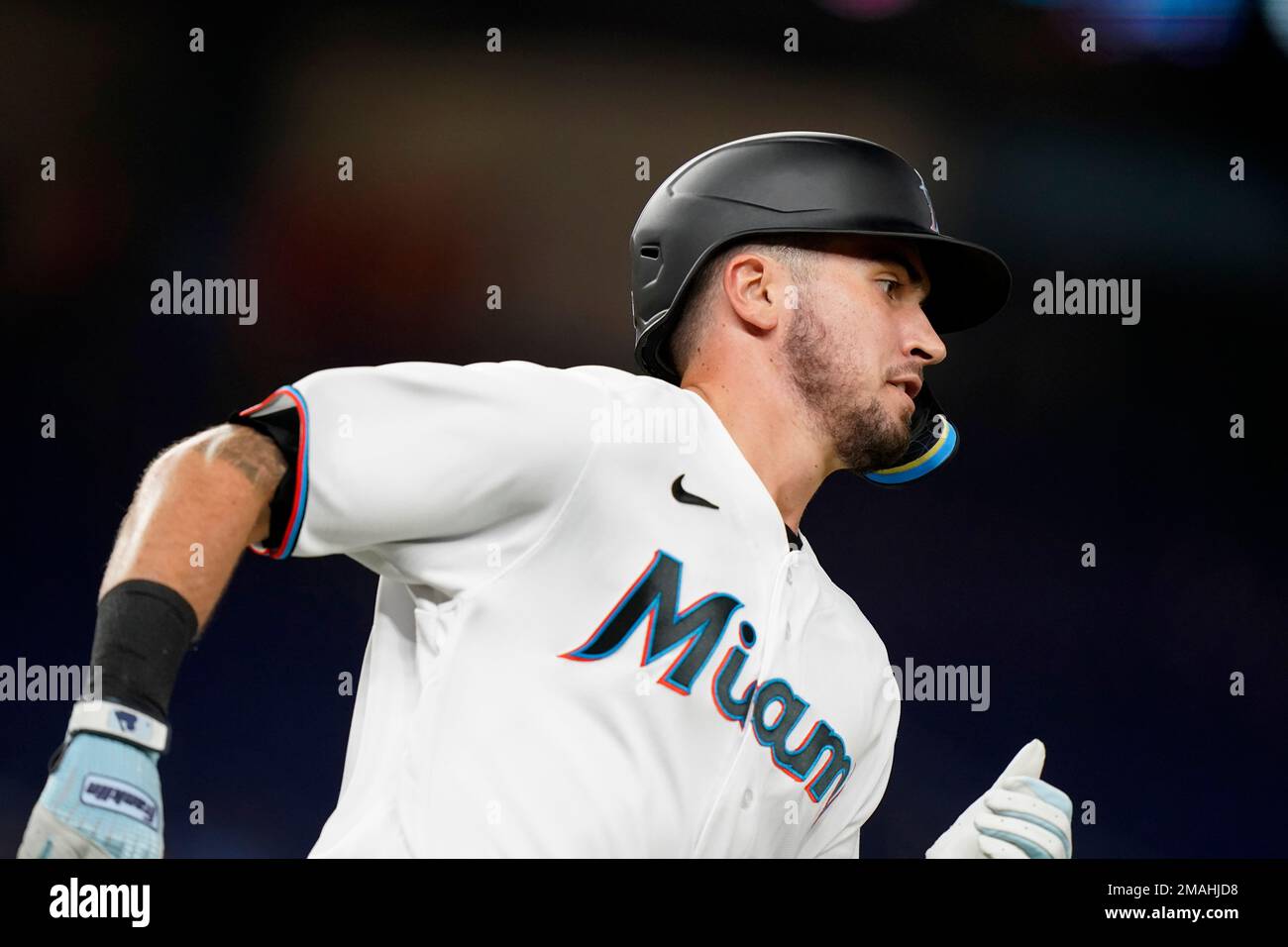 Miami Marlins third baseman Jordan Groshans high-fives after a baseball  game against the Philadelphia Phillies, Thursday, Sept. 15, 2022, in Miami.  The Marlins won 5-3. (AP Photo/Lynne Sladky Stock Photo - Alamy