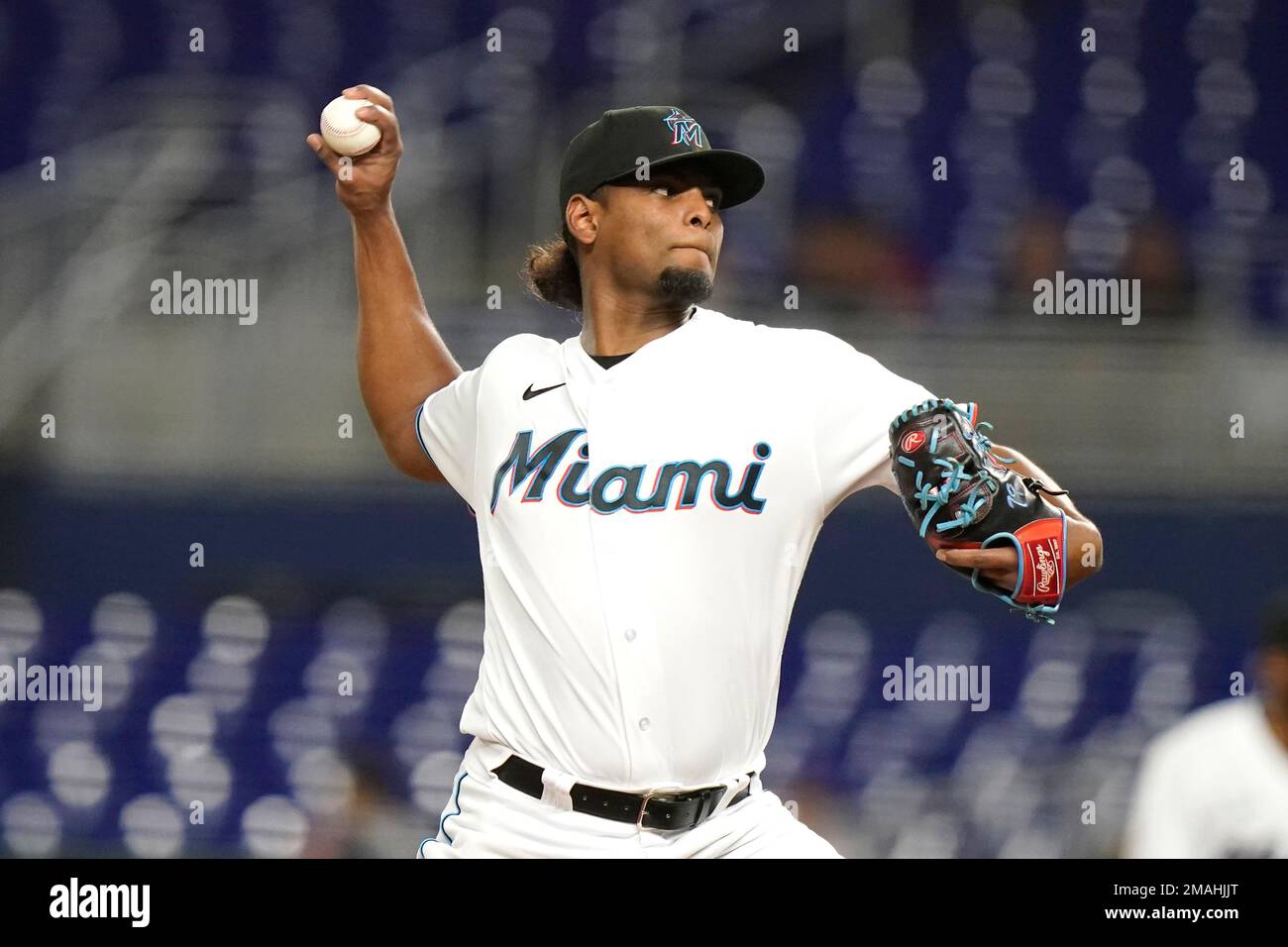 Miami Marlins starting pitcher Edward Cabrera throws during the first