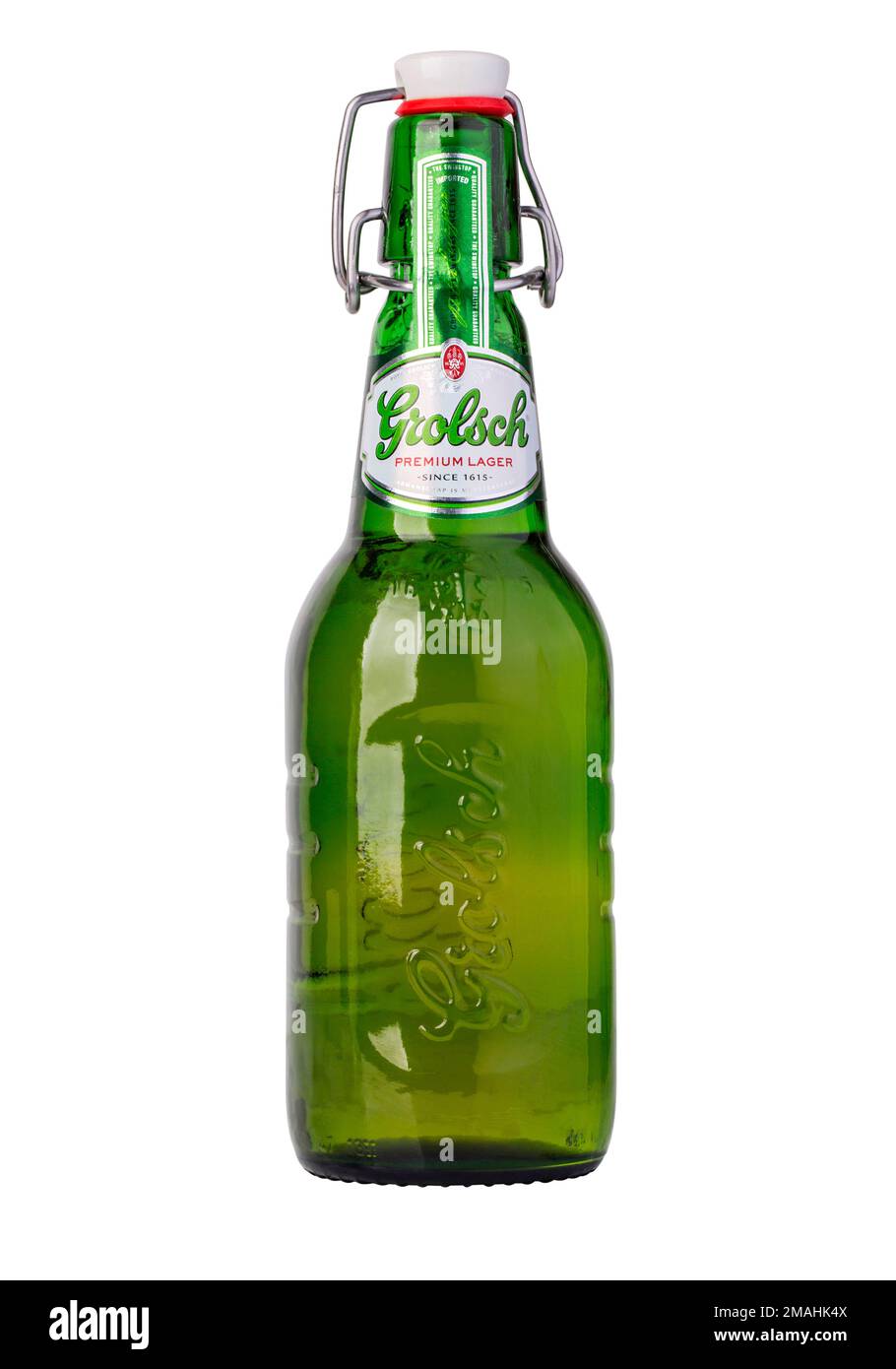 CHISINAU, MOLDOVA - December 18, 2015: Grolsch Premium Pilsner - known internationally as Grolsch Premium Lager, is the flagship beer of Dutch Grolsch Stock Photo