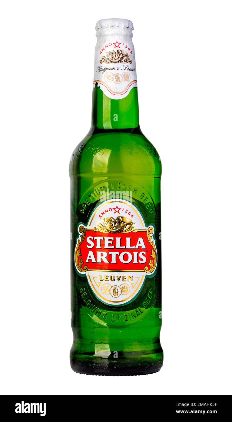 CHISINAU, MOLDOVA -: December 12. 2015 Stella Artois, prominent brand of Anheuser-Busch InBev, is a pilsner brewed in Leuven, Belgium, since 1926 Stock Photo