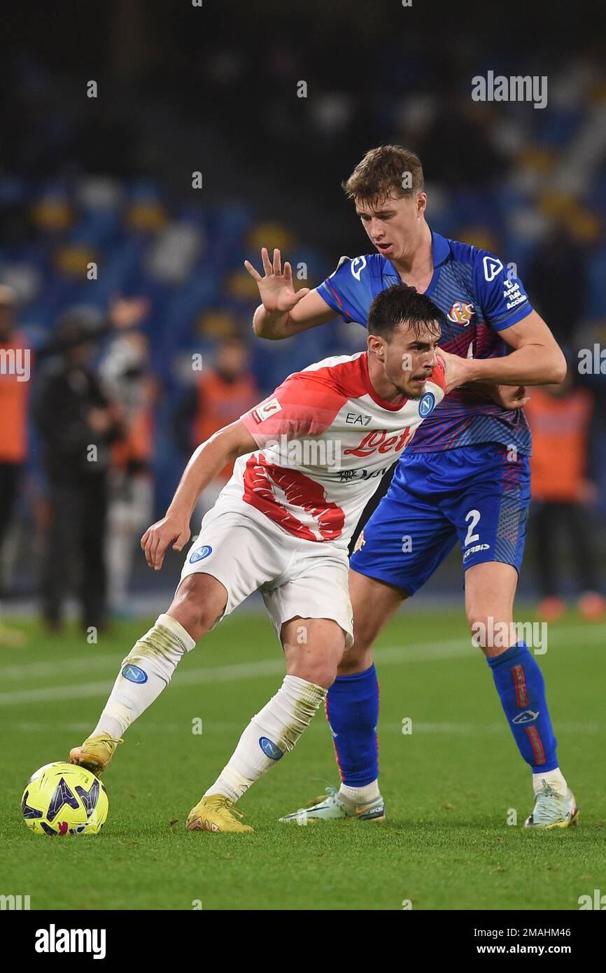 Naples, Italy. 17 Jan, 2023. Jack Hendry of US Cremonese competes for the ball with Eljif Elmas of SSC Napoli during the Coppa Italia match between SS Stock Photo