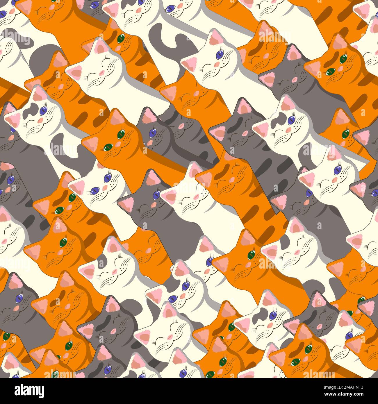 Animalistic diagonally inclined pattern with white, ginger, gray, stripped, tabby and spotted cats Stock Vector