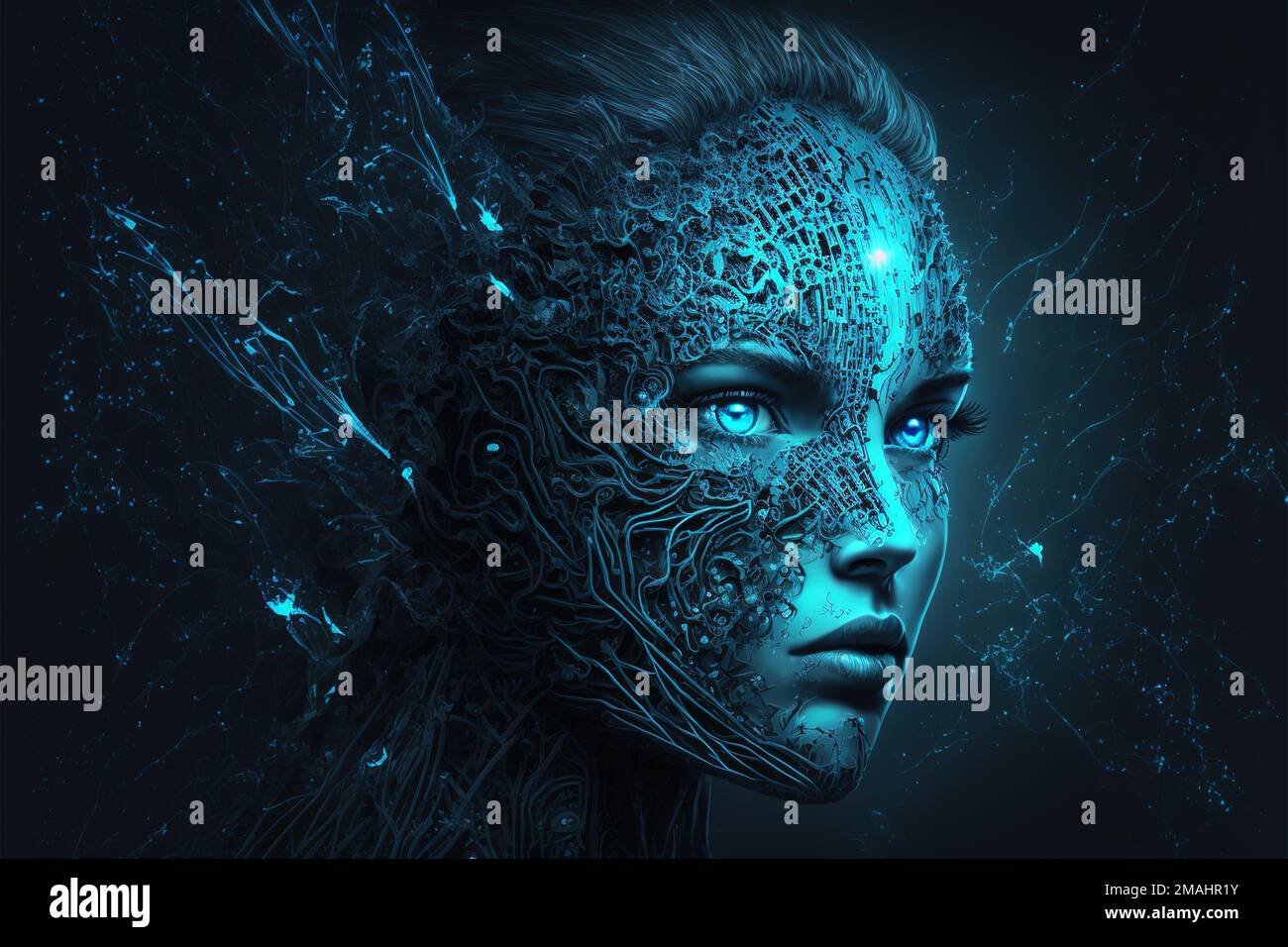 Fictional beautiful cyborg woman, AI or artificial intelligence concept, generative AI. Portrait of human with digital technology in future. Theme of Stock Photo