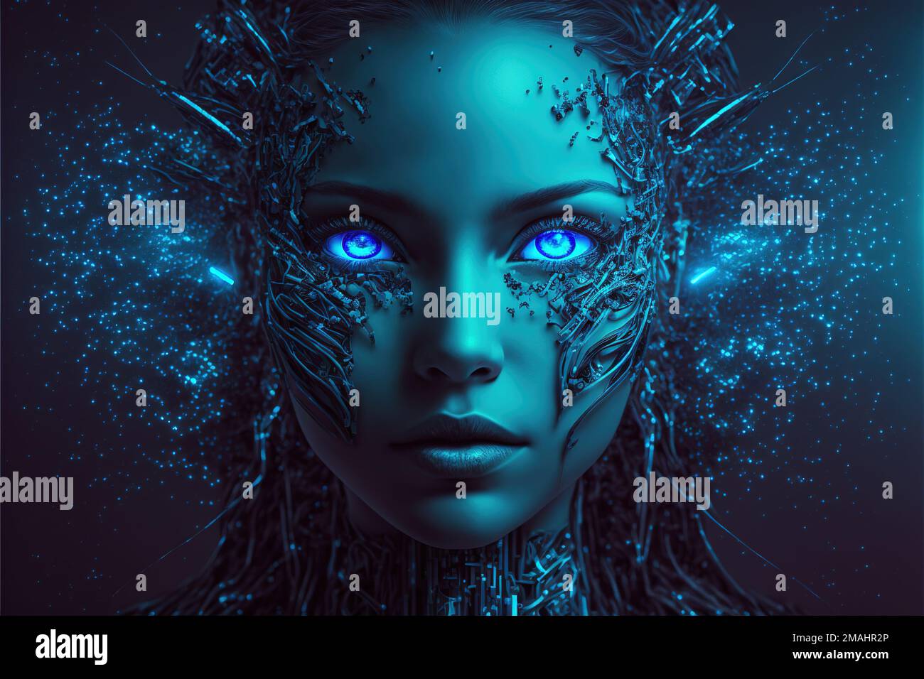 AI or artificial intelligence concept, futuristic portrait of fictional cyborg woman, generative AI. Human and magic digital technology in future. The Stock Photo