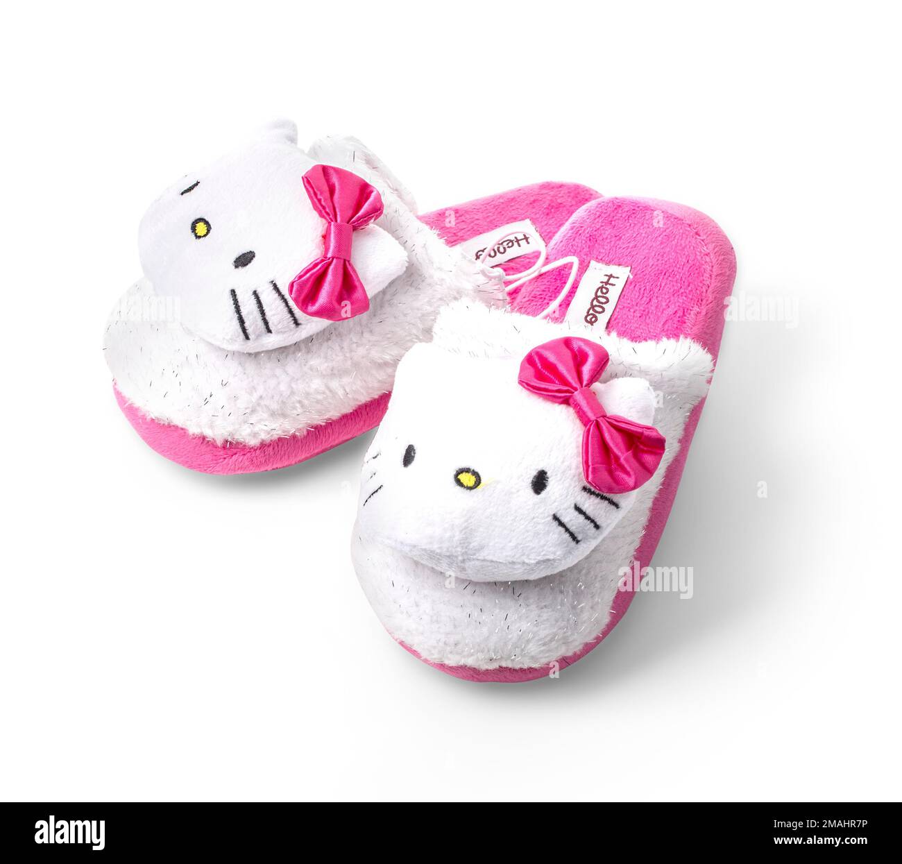 CHISINAU, MOLDOVA - DecemberL 24, 2015: Hello Kitty baby slippers. Hello Kitty is a cartoon character produced by the Japanese company Sanrio, Illustr Stock Photo