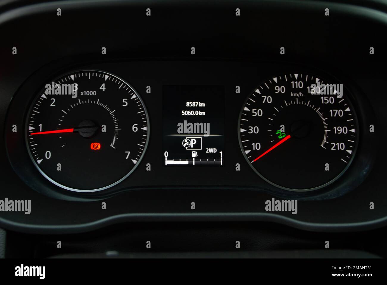 Modern digital car mileage. Car dashboard with sensors and information
