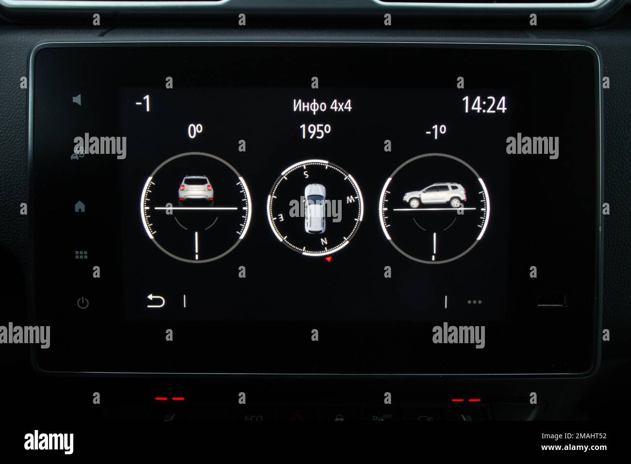 Modern car dashboard. Screen multimedia system. Dashboard with modern 4x4 system information
