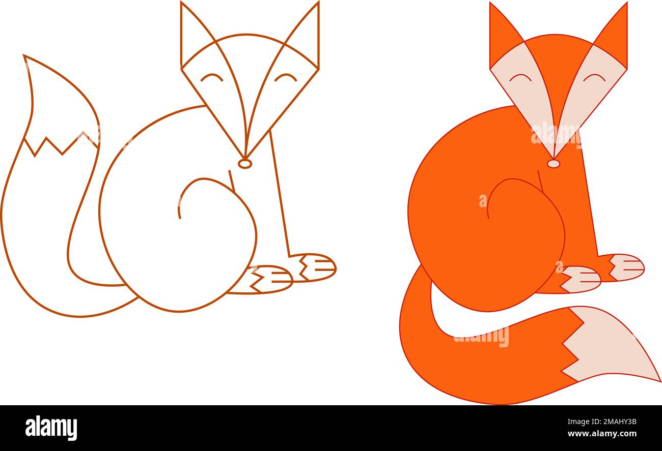 Funny fox illustration set for kids with contour and filled drawing in simple style Stock Vector