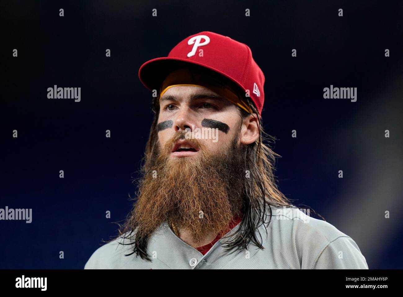 Philadelphia Phillies center fielder Brandon Marsh walks to the dugout