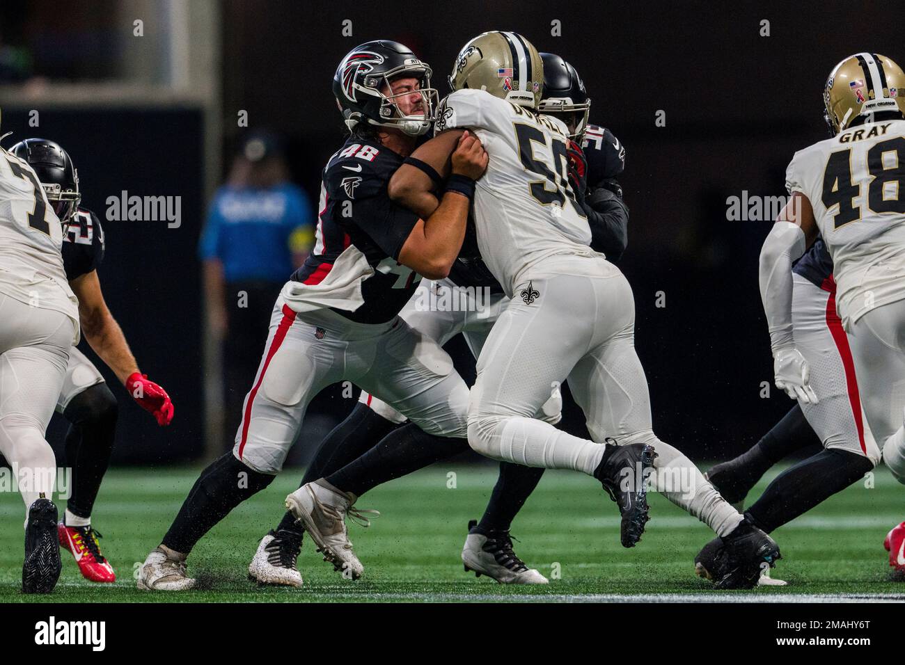 Atlanta Falcons long snapper Liam McCullough (48) tosses the ball before an  NFL football game against the Los Angeles Rams Sunday, Sept. 18, 2022, in  Inglewood, Calif. (AP Photo/Kyusung Gong Stock Photo - Alamy