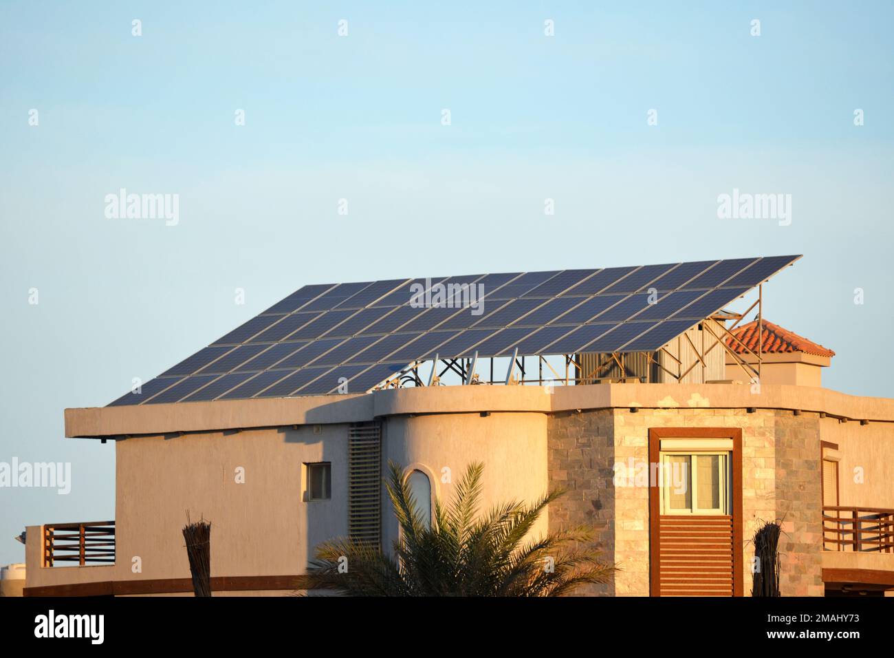 Solar cells and panels in Egypt, photovoltaic cell, electronic device that converts the energy of light directly into electricity by the photovoltaic Stock Photo