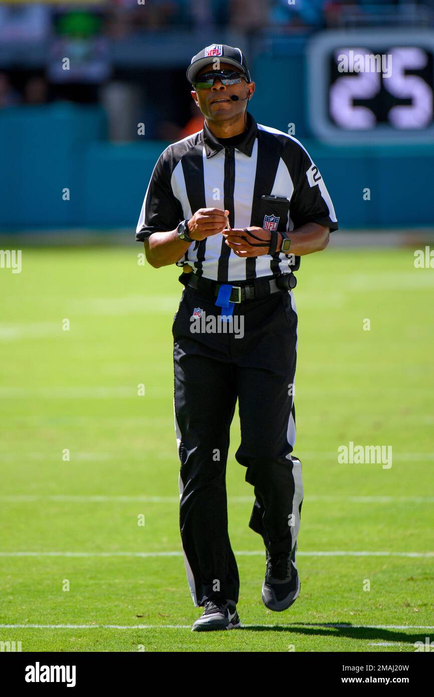 NFL field judge Jabir Walker walks on the field during an NFL football game between the New