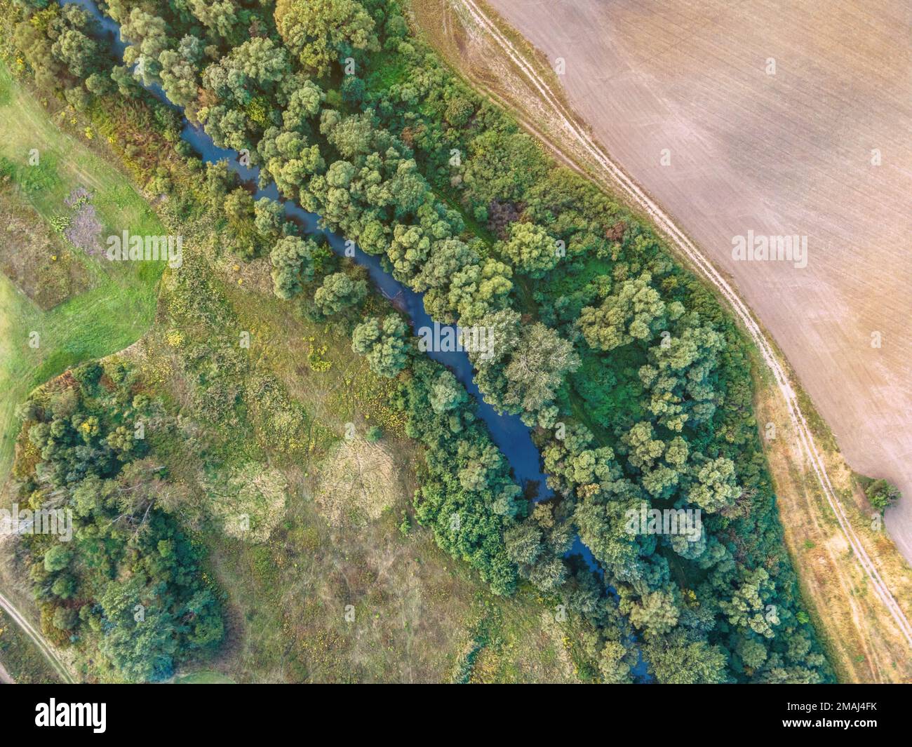 Aerial view of the Ipoly river on the Slovak-Hungarian border and the environment surrounding the river, Balassagyarmat, Hungary Stock Photo