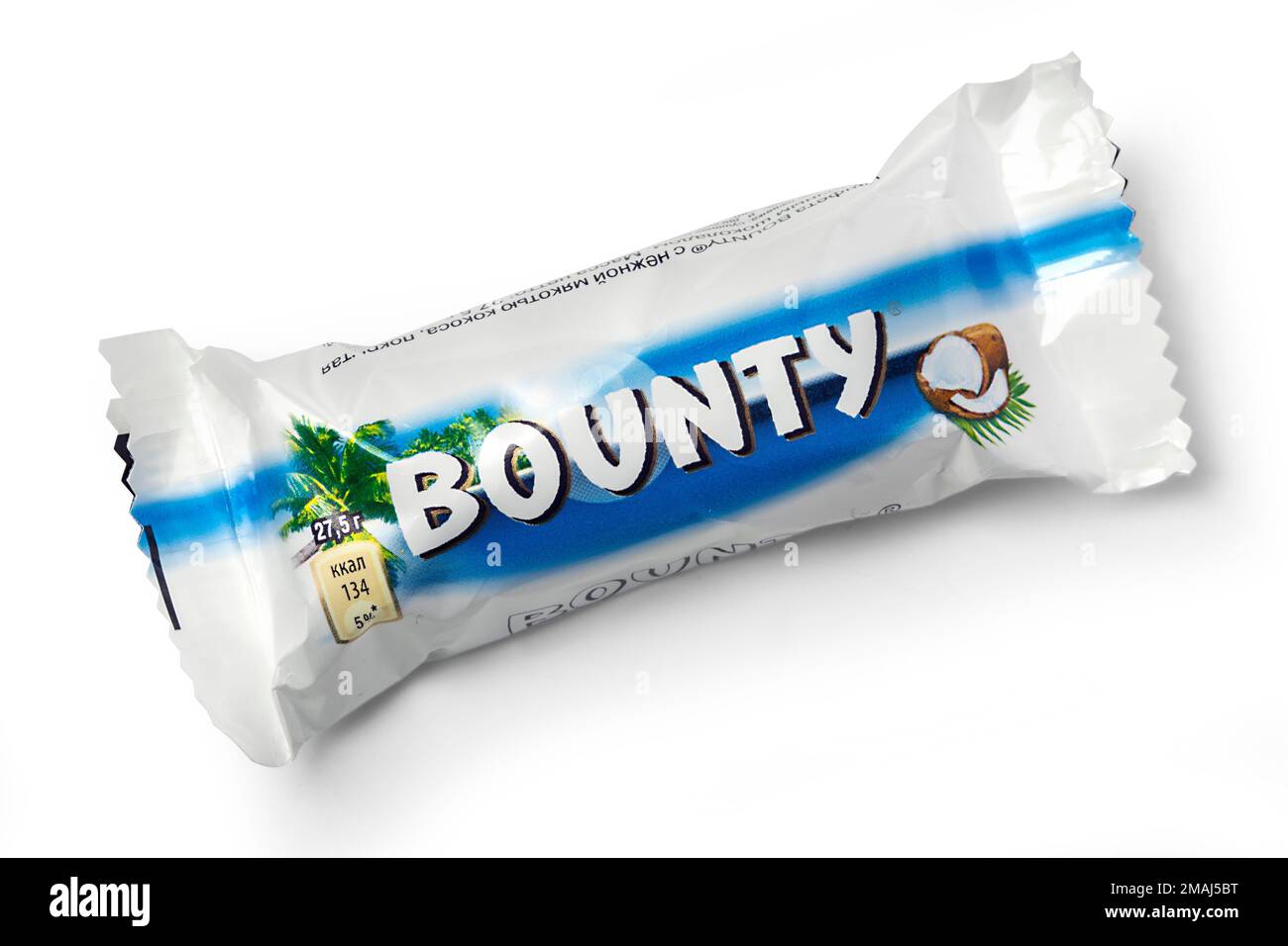 CHISHINAU, MOLDOVA- NOVEMBER 12, 2015: Bounty chocolate bar. Studio shot, isolated on white background. Stock Photo