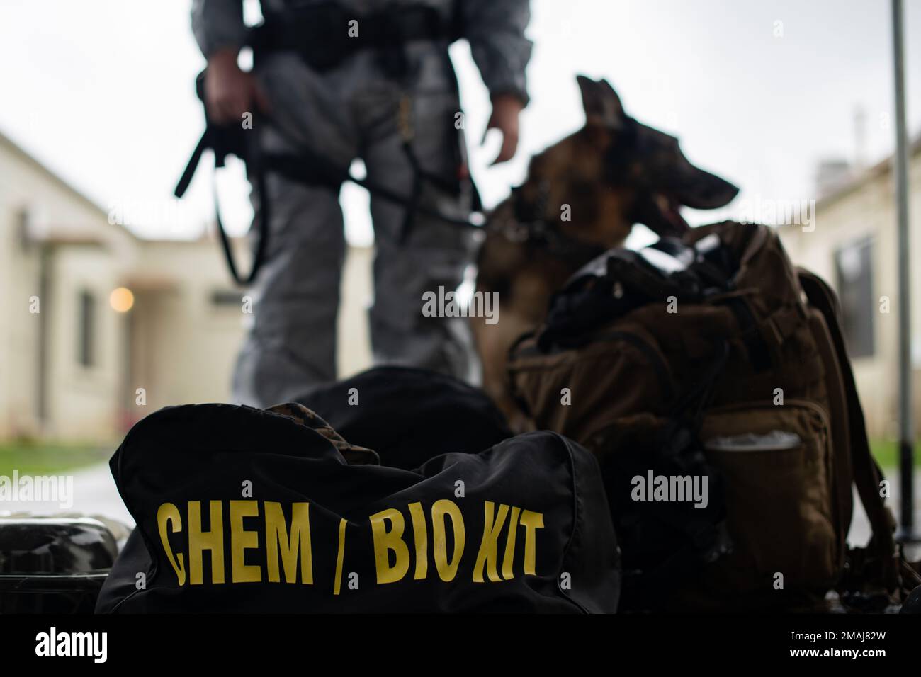 A military working dog and its handler stand behind a pile of protective equipment kits during a chemical, biological, radiological and nuclear hazard and toxic substance training at Kadena Air Base, Japan, May 27, 2022. CBRN threat readiness is essential in the Indo-Pacific Command region due to the proximity and weapons potential of near-peer adversaries. Stock Photo