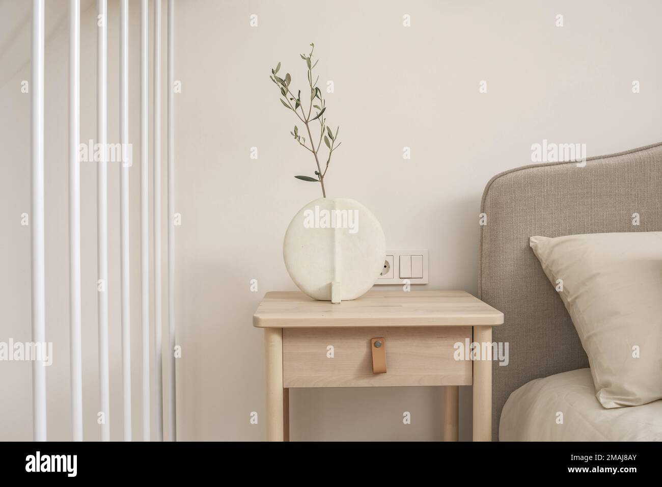 A cozy Home interior in warm beige tones in Japanese  and Scandinavian Style. Modern Scandinavian Bedroom Interior Design. Japandi Concept Stock Photo