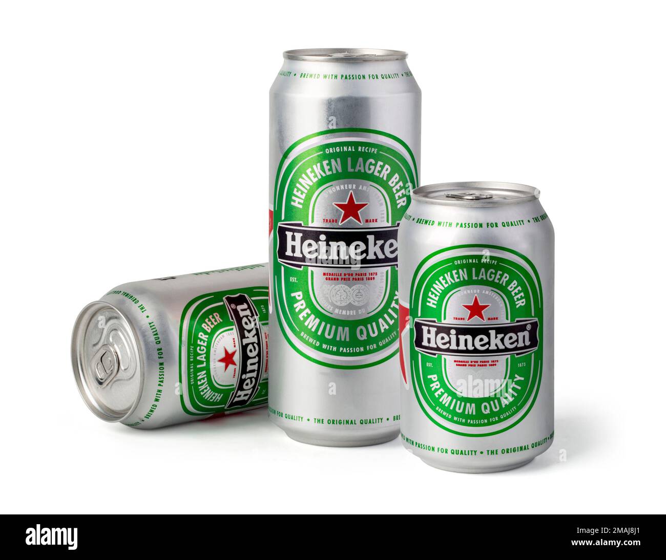 CHISINAU, MOLDOVA - November 14, 2015: Cans of Heineken beer  isolated on white. Stock Photo