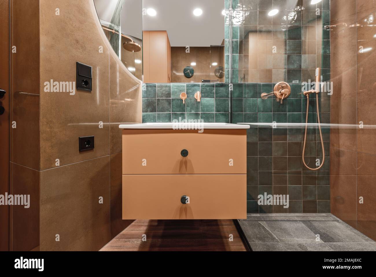 Minimalistic bathroom interior design in green and terracotta shades ...