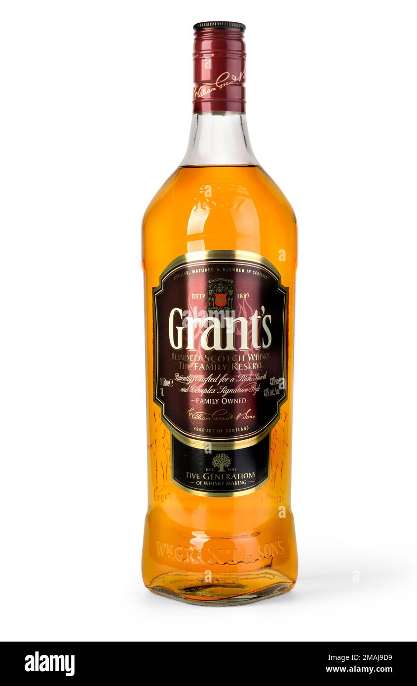 Chisinau, Moldova November 10, 2016: Grants blended cask editions whiskey isolated on white background. Grants has been produced by William Grant and Stock Photo
