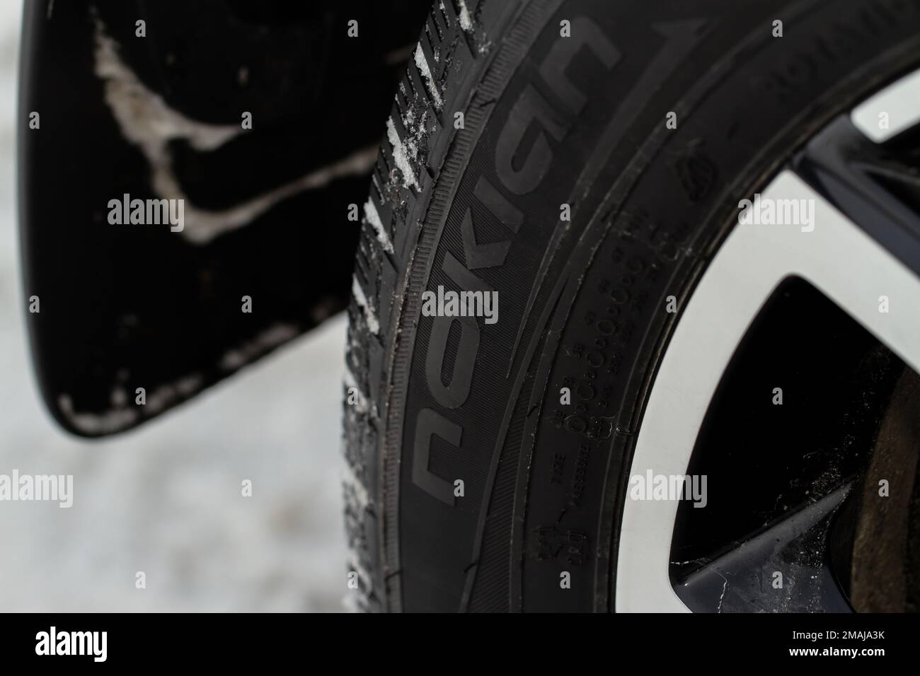 MOSCOW, RUSSIA - JANUARY 09, 2022, Nokian Tires wheel close up view. Nokian Nordman RS2 model tire logo close up view. Winter tires. Stock Photo